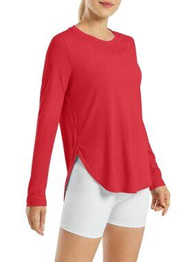 Women's Red UPF 50+ UV Shirt Long Sleeve Workout Yoga Sun Top Quick Dry Gym